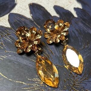 Vintage 80s Large Oversized Art Deco Champagne Gold Crystal Flower Earrings D1